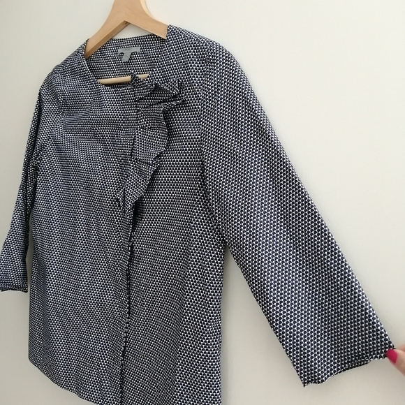 COS Cotton Poplin Ruffle Front Button Blouse Navy White 3/4 Sleeve 34 (XS) - Picture 7 of 16